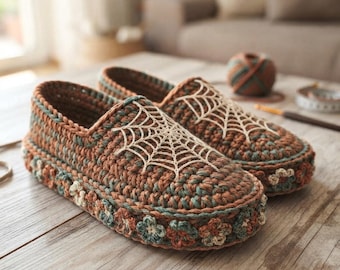 Spider web crochet pattern, Halloween crochet slippers, Spooky crochet pattern, Cozy crochet slippers, Handmade slipper.