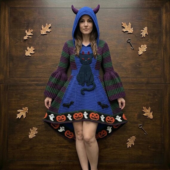 cat and jack crochet dress Devil Dress, Halloween Hooded Dress, Gothic Crochet Dress, Spooky Crochet Pattern, Witchy Crochet Dress Crochet sweater MANGO - Long chiffon zahara dainty crochet detailing on Color:Off White / Ivory