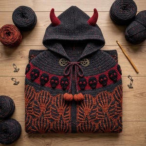 May include: A dark grey hooded crochet cloak featuring two red horns on the hood, a row of black skull motifs across the chest, and a lower section with an orange fan-like pattern. The cloak includes two circular pentacle clasps and two pom-poms.