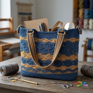 Peut inclure: Un sac fourre-tout au crochet bleu et beige avec des poignées et des ferrures dorées. Le sac contient un bloc-notes, des stylos et un mètre ruban. Le sac est orné de petites perles dorées. Un crochet, des ciseaux et du fil sont sur la table.