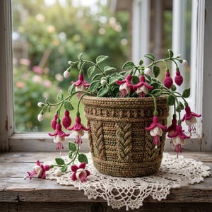 May include: A crocheted fuchsia plant with vibrant pink and white flowers and green leaves, housed in a textured brown crocheted pot. The plant features multiple hanging blossoms and buds, showcasing intricate yarn work and detailed stitch patterns.