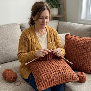 May include: A person wearing a mustard yellow cable-knit cardigan over a cream shirt, knitting a square, rust-colored waffle-textured pillow cover with wooden needles. Two balls of matching rust-colored yarn sit nearby on the couch.