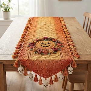Puede incluir: Un camino de mesa de ganchillo rectangular con un degradado de amarillo a naranja. El centro muestra una calabaza tejida rodeada de motivos florales. Los bordes están rematados con borlas y pequeños dijes de calaveras de ganchillo blanco.