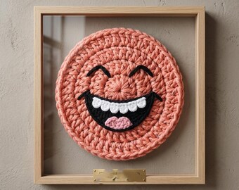 Patroon gehaakte smiley pdf, appliqué smileygezicht, haakpatroon lachende smiley, patroon gehaakte patch pdf.