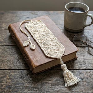 Può includere: Un segnalibro all'uncinetto color bianco sporco con un intricato motivo in pizzo, un lungo cordino che termina con due piccoli motivi a forma di foglia e una nappa inferiore decorata con tre piccole perline bianche su un libro marrone.