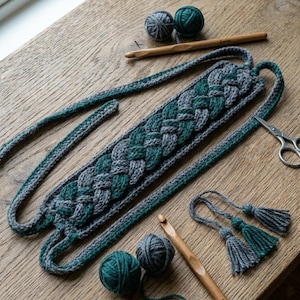 Puede incluir: Diadema de ganchillo hecha a mano en tonos grises y verde azulado, con un diseño trenzado. La imagen también muestra ovillos de lana, un ganchillo, borlas y tijeras, todo dispuesto sobre una superficie de madera. Ideal para artesanos.