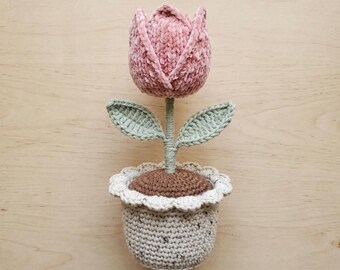 Patroon gehaakte tulp bloempot, haakpatroon tulp pdf, amigurumi-tulppatroon, patroon gehaakt tulpboeket, patroon potplant.