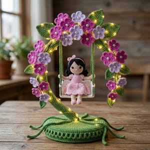 May include: A crocheted doll with black hair and a pink dress sits on a white swing suspended from a green, arching structure. The arch is decorated with crocheted pink and purple flowers with pearl centers, green leaves, and integrated fairy lights.