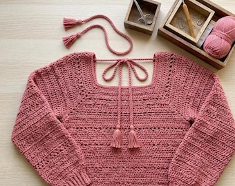 Patroon gehaakte crop-trui, gehaakte trui met structuur, oversized gehaakte trui, gehaakt crop-toppatroon.