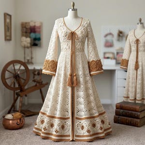 May include: A floor-length, cream-colored crochet duster coat featuring intricate lace patterns, long flared sleeves, and a V-neckline. The garment is accented with brown trim at the cuffs and hem, and includes a front tie closure with long tassels.