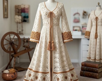 Vintage Boho Crochet Dress Pattern, Crochet Lace Dress Pattern Pdf, Open Front Crochet Dress, Bohemian Crochet Dress Pattern.
