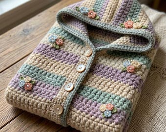 May include: A hooded crochet cardigan featuring horizontal stripes in cream, sage green, and lavender. The garment is adorned with small, multi-coloured floral appliqués and features a row of round, light-coloured buttons along the front placket.