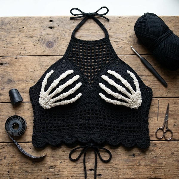 Skeleton Hand Crochet Top Pattern, Festival Crochet Halter Pattern, Crochet Goth Outfit Pattern, Mesh Halter Top Crochet Tutorial.