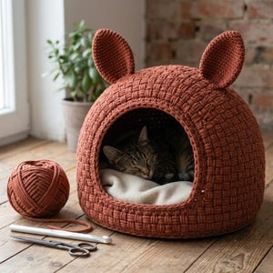 May include: A rust-colored, dome-shaped crochet pet bed with two upright ears on top. The bed features a woven texture and a large circular opening containing a sleeping tabby cat on a cream-colored cushion. A ball of yarn, a crochet hook, and scissors are nearby.