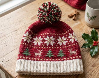 Christmas Beanie Crochet Pattern, Snowflake Reindeer Hat, Tapestry Crochet Hat, Christmas Tree Beanie, Fair Isle Winter Hat PDF