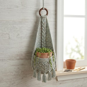 May include: A handmade, light gray crochet plant hanger with a wooden ring and tassels. The plant hanger holds a terracotta pot filled with green plants. The design features a braided center and decorative stitching.