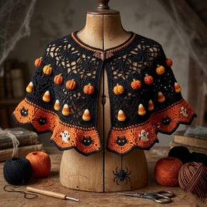 May include: A black crochet capelet featuring an intricate spiderweb pattern, adorned with small orange pumpkins and candy corn motifs. The scalloped hem is orange with black cat and white ghost appliques, finished with a brown bat clasp.