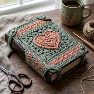 May include: A handcrafted book cover with a crochet design. The cover has a heart motif in the centre, with a green and peach colour scheme. The book cover is on a wooden surface with a cup of tea and scissors.