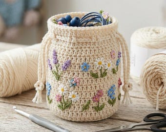Crochet Drawstring Pouch Pattern, Cottagecore Crochet Bag Pattern, Mini Crochet Storage Pouch, Lavender Crochet Bag Pattern.