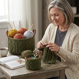 May include: Two round, olive green crocheted baskets with brown leather handles, featuring a textured cable knit pattern. The larger basket holds balls of yarn in yellow, orange, and gray, while the smaller basket contains scissors and stitch markers.
