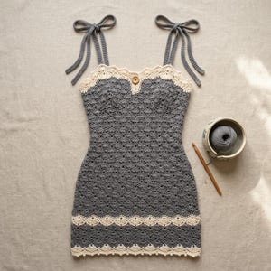 May include: A dark gray crochet dress featuring a scalloped cream-colored trim at the neckline and hem, adjustable tie-up shoulder straps, and a single wooden button at the center chest. A wooden crochet hook and a ball of gray yarn are nearby.