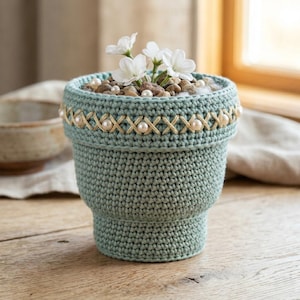 Puede incluir: Una funda de ganchillo para maceta en color verde salvia con una banda decorativa de hilo beige cosida en patrón entrecruzado, acentuada con pequeñas perlas blancas. La maceta contiene flores blancas entre guijarros marrones.