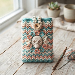 Floral Skull Crochet Pattern, Gothic Crochet pouch, Crochet Phone Pouch, Crochet Gift Pattern, Floral Crochet Pouch, Handmade Gift.