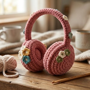 May include: A pair of dusty rose crochet earmuffs featuring a thick, textured band and circular ear covers. The earmuffs are decorated with small, multi-colored crocheted flowers in shades of cream, yellow, teal, and sage green.