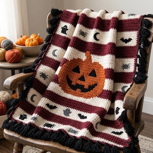 May include: A crocheted throw blanket featuring alternating horizontal stripes of dark red and cream. The blanket displays a large central orange jack-o'-lantern motif surrounded by smaller black and grey icons of ghosts, spiders, bats, and crescent moons, finished with black tassels along the edges.