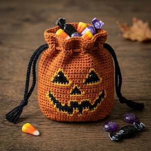 Halloween-haakpatroon, Jack O Lantern-haakpatroon, gehaakt snoepzakje, patroon pompoenzakje.