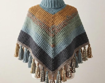Crochet Poncho Pattern, Turtleneck Poncho, Hoodless Poncho, V Stripe Poncho, Color Block Poncho, Granny Poncho, Chunky Poncho.