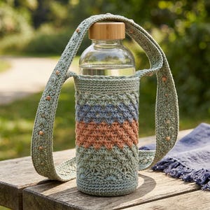 May include: A clear glass water bottle with a bamboo lid is held in a crocheted holder. The holder is green with blue and orange stripes. The strap is green with small wooden beads.
