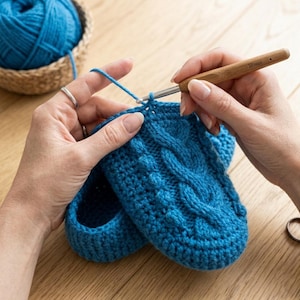 Puede incluir: Un par de zapatillas de ganchillo azul intenso con un patrón de trenzas en la parte superior. Las zapatillas se están confeccionando con un ganchillo de mango de madera y una bola de hilo azul a juego dentro de una cesta tejida.
