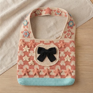Shoulder Bag Pattern, Checkered Bag, Pearl Bow Bag, Star Crochet Bag, Cute Crochet Purse, Crochet Shoulder Purse, Pearl Tote Bag.