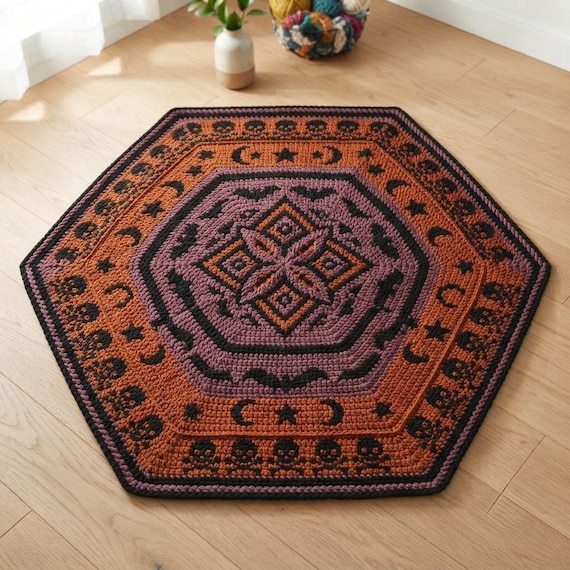 Halloween Crochet Rug, Hexagon Rug Pattern, Bat Rug Crochet, Skull Rug Pattern, Spooky Crochet Decor, Moon Star Rug.