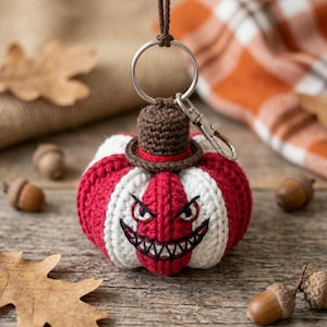 May include: A crocheted pumpkin keychain featuring alternating red and white vertical stripes, a brown top hat, and an embroidered face with a wide, jagged, toothy grin. The keychain includes a silver metal split ring and a lobster claw clasp.