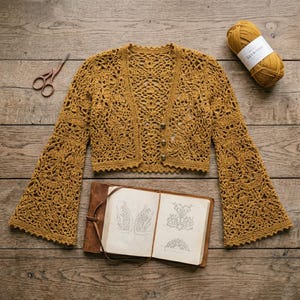 May include: A mustard yellow crochet cardigan featuring long bell sleeves, an intricate openwork floral pattern, and three small buttons along the front opening. The garment is displayed alongside a pair of metal scissors, a ball of yarn, and an open sketchbook.