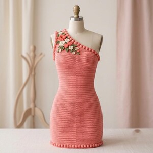 Crochet One Shoulder Dress Pattern, Floral Bodycon Gown PDF, Women Summer Dress Tutorial, Elegant Evening Dress Pattern.