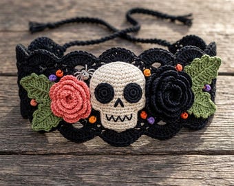 Wzór szydełkowy na czaszkę z cukru, wzór na opaskę na głowę z cukru, wzór szydełkowy na Dia De Los Muertos, wzór szydełkowy na opaskę w stylu gotyckim.