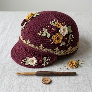 Peut inclure: Un chapeau au crochet bordeaux avec une visière, orné de fleurs crème, jaunes et bordeaux. Un crochet en bois et un bouton en bois sont à côté du chapeau. Le chapeau a une bordure dorée.