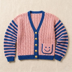Cárdigan con bolsillo de carita sonriente, cárdigan de ganchillo para niños, patrón de chaqueta de ganchillo, cárdigan con botones, cárdigan hecho a mano, bolsillo de ganchillo con carita sonriente.