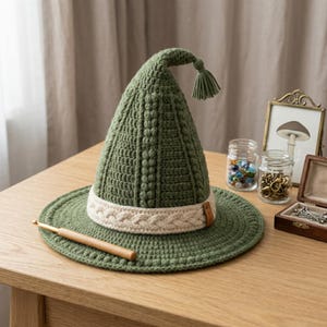 Virkat häxhattmönster, Cottagecore häxhatt, Halloweenvirkad hatt, virkmönster för trollkarlshatt, virkmönster för häxhatt, fantasihatt.