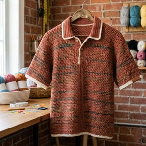 Pode incluir: Uma camisa polo de crochê cor ferrugem de manga curta, com gola e punhos brancos. A camisa apresenta listras horizontais em tons de verde e marrom. Está pendurada em um cabide de madeira em um fundo de parede de tijolos.