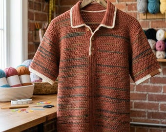 Mens Crochet Polo Shirt Pattern, Crochet Shirt Pattern for Men, Crochet Button Polo Shirt Pattern, Crochet V Stitch Polo Pattern.