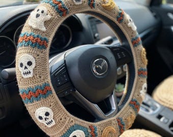 Halloween steering wheel cover, Skull steering wheel cover, Ghost crochet pattern, Crochet car accessories, Gothic crochet decor.