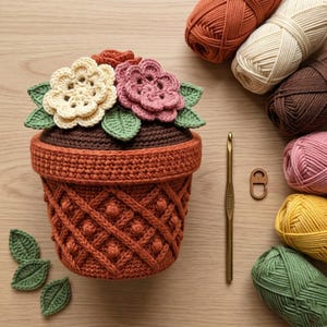 Crochet Flower Pot Keepsake Box Pattern PDF, Floral Storage Box Crochet Tutorial, Decorative Pot Organizer Pattern, Crochet Jewelry Box.