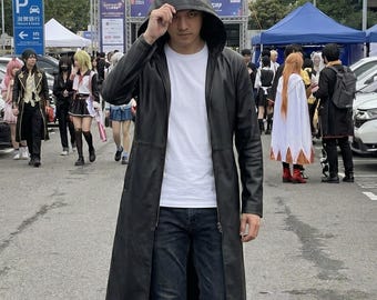 Sung Jinwoo Anime Inspired Hooded Leather Trench Coat for Cosplay Handmade Black Leather Hooded Trench Coat