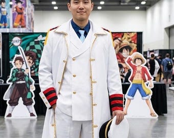Anime Marine Vice Admiral Garp Cosplay Costume – Luffy’s Grandpa Premium White Military Long Coat, Suit Vest, and Trousers Set