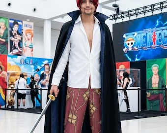 One Piece Red Hair Shanks Cosplay Costume – Men's Premium Yonko Pirate Captain Set with Black Cape, White Shirt, and Patterned Trousers
