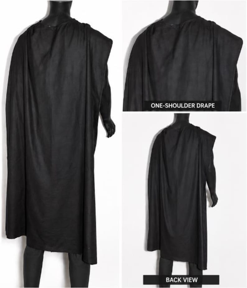 May include: A solid black, floor-length garment featuring a one-shoulder drape design. The fabric hangs loosely from the shoulder, creating a flowing silhouette. The image includes text labels that read ONE-SHOULDER DRAPE and BACK VIEW.